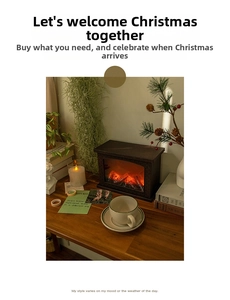 Detail of vintage LED fireplace lantern with flickering flames and holiday pine decor