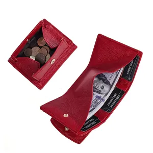 Red lychee pattern leather tri-fold wallet with coin pocket and multiple card slots