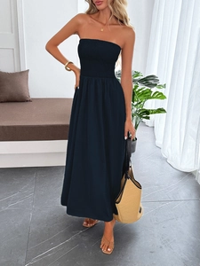Women Strapless Maxi Dress Polyester Shirred Bodice A-Line Solid Color Summer Vacation Holiday Casual Streetwear