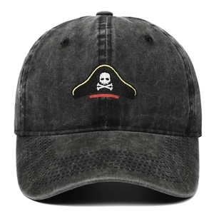 Distressed washed cotton baseball cap with embroidered pirate skull logo on front