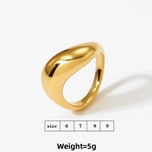 Detail of gold polished teardrop ring with size chart 6-9 and weight of 5g