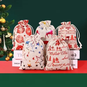 Christmas Gift Bags Cotton Linen Drawstring Reindeer Snowflake Pattern Bronzing Advent Calendar Candy Packaging Festive