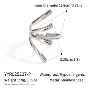 Detail view of irregular multi-layer stainless steel ring with size measurements
