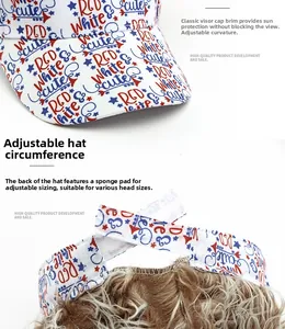 Detail of adjustable back strap on white baseball cap with funny hair and letter print