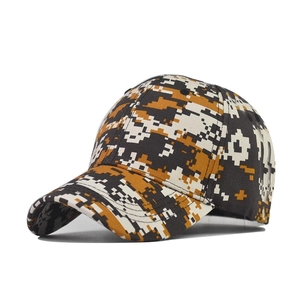 Detailed side view of a digital camouflage baseball cap with pixelated orange and black patterns