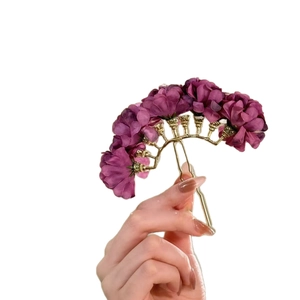 Elegant Chinese style purple fabric flower hair pin with golden metal U-shaped fork