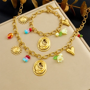 Stainless Steel Gold Chain Necklace Bracelet For Women With Sun Heart Lily Of The Valley Pendants Colorful Beads Bohemian