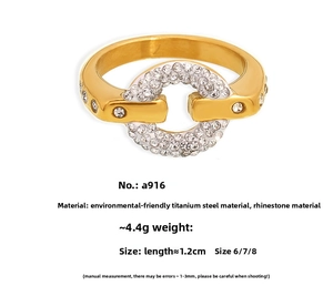 Macro shot of 18k gold-plated stainless steel ring with micro-paved sparkling rhinestones