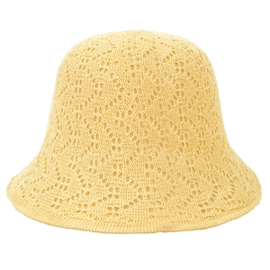 Breathable yellow knit bucket hat for women with elegant hollow floral pattern design