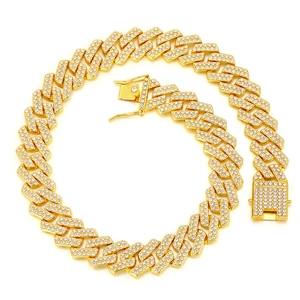 Iced out 20mm gold Cuban link chain necklace with double row rhinestones on white background