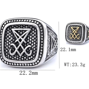 Gothic Lucifer seal stainless steel ring in vintage silver and black finish