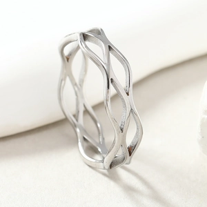 Minimalist silver titanium steel ring with an intertwined hollow mesh wave pattern