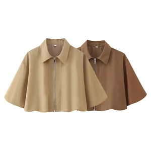 Vestes courtes style cape à fermeture éclair kaki et marron foncé avec revers