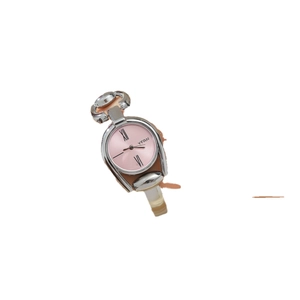 Reloj de cuarzo vintage para mujer con esfera rosa y caja plateada en forma de herradura