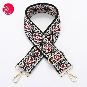Detail of No. 197 geometric ethnic embroidery bag strap with gold metal swivel hooks