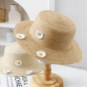 Lace bow straw fisherman hat with daisy floral accents for women beach sun protection