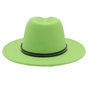 Detailed close-up of lime green fedora hat with black rivet studded belt trim
