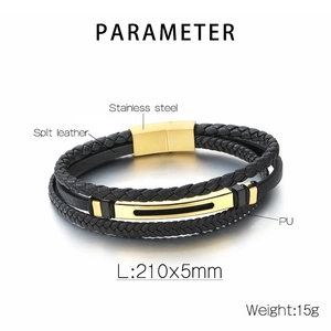 Detail specifications of black braided leather men's bracelet with stainless steel gold clasp