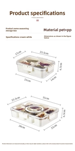 Detailed size chart for cream white 4-grid and 8-grid PET plastic spice storage boxes