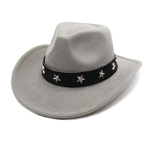 Detail of grey felt cowboy hat featuring black leather band and silver star rivets