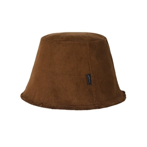 Brown corduroy bucket hat with fringe brim and black side label on white background