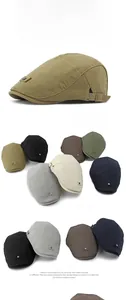 Detail view of cotton linen berets in various colors with side metal buckle and straps