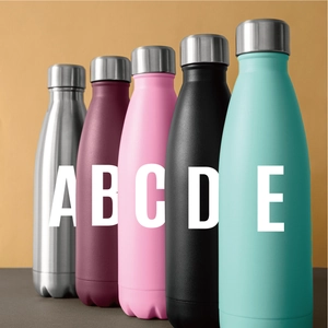 Close-up of five colorful matte stainless steel vacuum flasks arranged diagonally