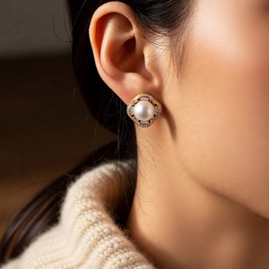 Detail of elegant gold geometric earring featuring a large white pearl and zircon pave