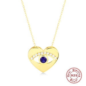 Evil Eye Heart Pendant Necklace 925 Sterling Silver Blue White Zirconia Elegant Jewelry Gift For Women
