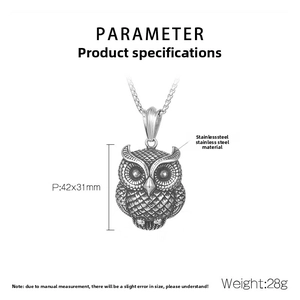 Detailed specs of stainless steel owl pendant necklace with dimensions 42x31mm and 28g weight