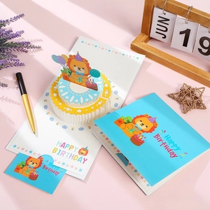 3D cartoon lion pop-up birthday card set with blue envelope and cake illustration