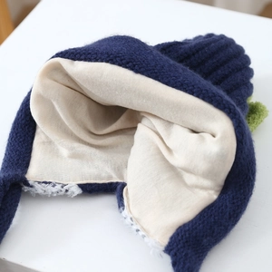 Navy blue winter knitted earflap hat for kids with thick warm cream fleece lining