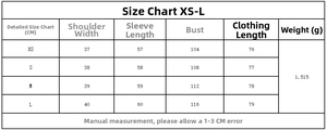 Detailed size chart for faux fur lapel coat showing XS to L measurements in CM