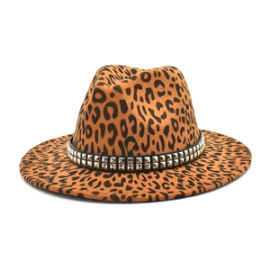 Classic leopard print wool fedora hat with punk style silver studded black ribbon band