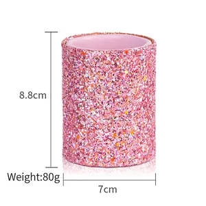 Pink glitter makeup brush holder cylinder with 8.8cm height and 7cm diameter size