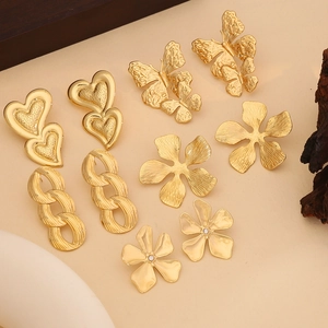 Stainless Steel Earrings Gold Plated Exaggerated Heart Butterfly Flower Chain Link Statement Fashion Jewelry For Women