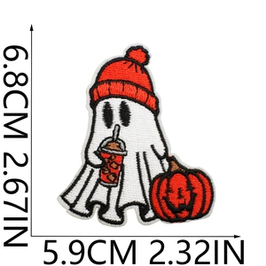 Detailed size view of Halloween embroidered ghost patch with cat hat, 6.8cm by 5.9cm