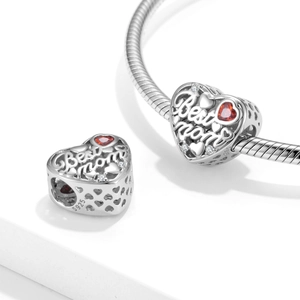 S925 silver heart charm with Best Mom engraving, red gemstone and clear crystals