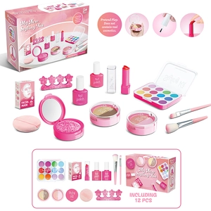 Pink 12-piece pretend makeup play set for girls with eyeshadow, lipstick and crown