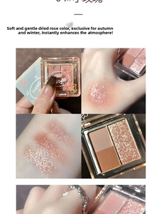 Close-up of dried rose dual eyeshadow palette with matte finish and high-shine glitter swatches