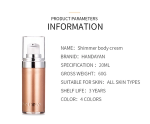 Detailed specifications table for HANDAIYAN shimmer body cream with 20ml rose gold liquid