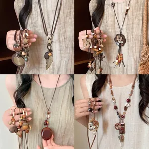 Long Pendant Necklace Ethnic Bohemian Retro Wood Bead Copper Alloy Feather Sweater Chain For Women