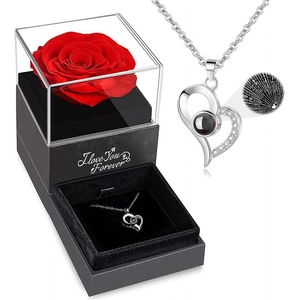 Preserved red rose gift box featuring a hidden drawer with a heart projection necklace