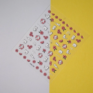 Detail view of FEB-768 5D embossed nail stickers with white kittens and pink flowers