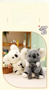 Close-up of cute mother and baby koala plush toy with soft grey and white fur texture