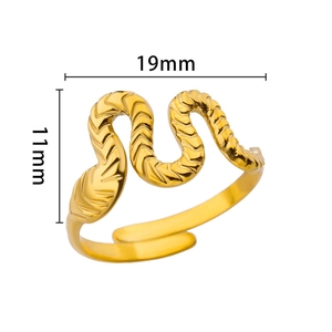Detail of 18k gold plated snake ring showing dimensions 19mm width and snake scale texture