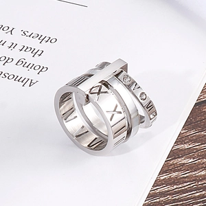 Polished silver stainless steel multi-layer ring with roman numerals and micro-set zircons