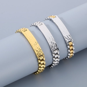 Detailed display of vacuum plated stainless steel bracelets with hammered metal texture