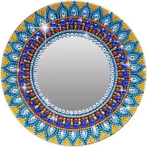 Specchio per trucco mandala con pittura a diamante e cristalli blu e oro scintillanti