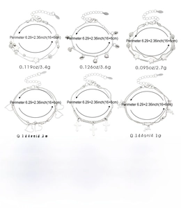 Detailed size chart showing adjustable length and weight for six alloy charm bracelets